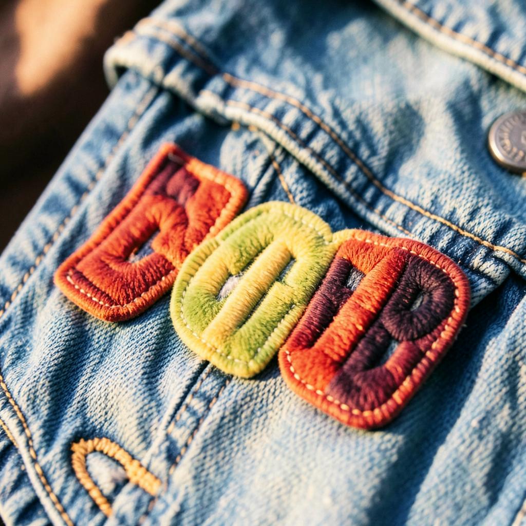 Parches personalizados con letras sobre una chaqueta de mezclilla