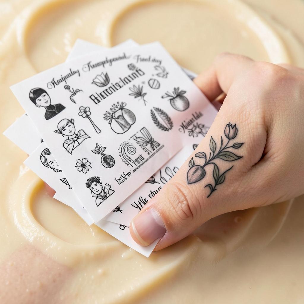 Hojas de tatuajes temporales y uno aplicado en la mano