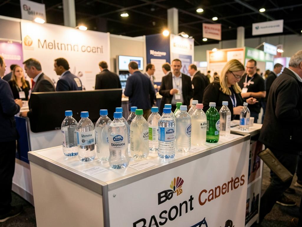 Mostrador de activación de marca con botellas personalizadas en una feria