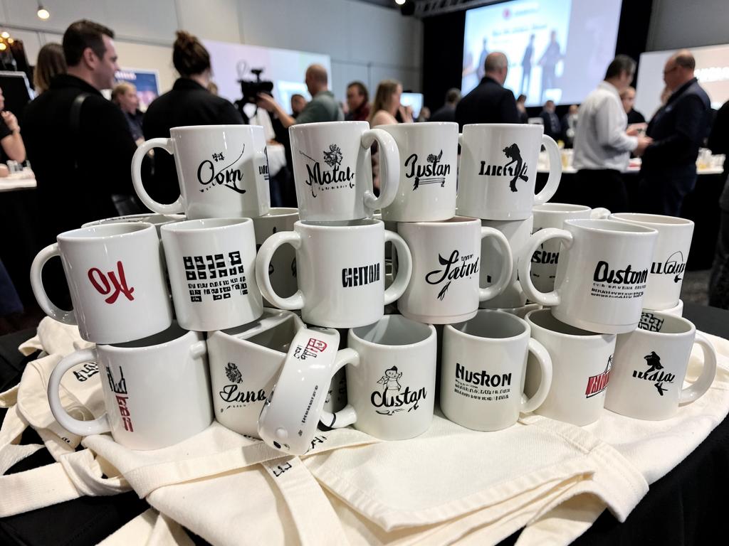 Tazas y bolsas personalizadas apiladas en un lanzamiento de producto