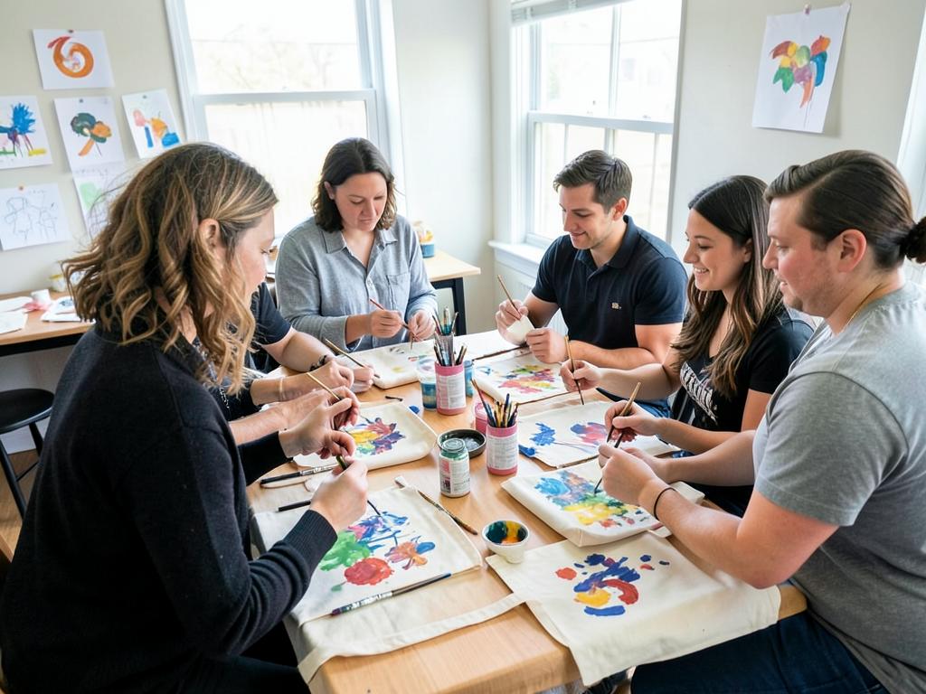 Equipo de trabajo pintando bolsas de tela en un taller