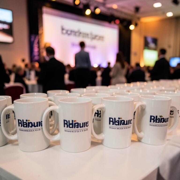 Tazas personalizadas en fila en un lanzamiento corporativo
